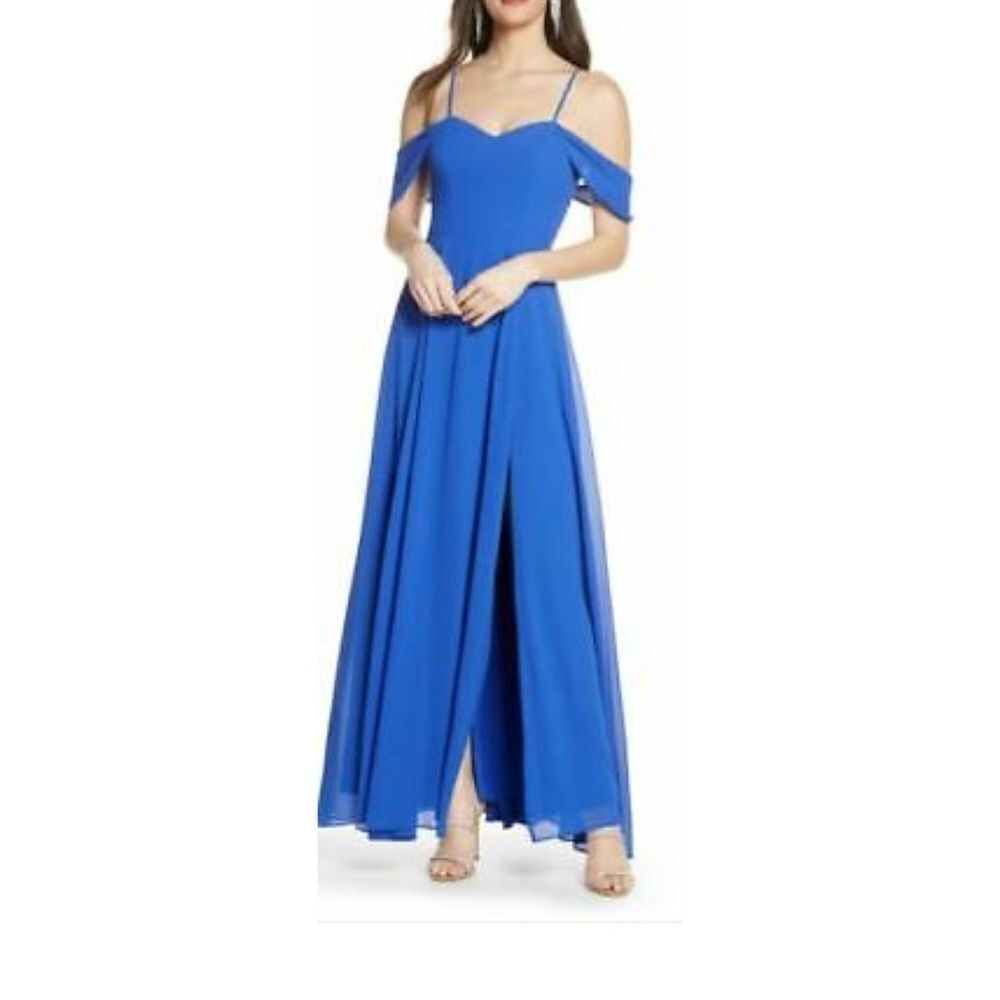 Cold Shoulder Tie Back Crepe Gown New Blue